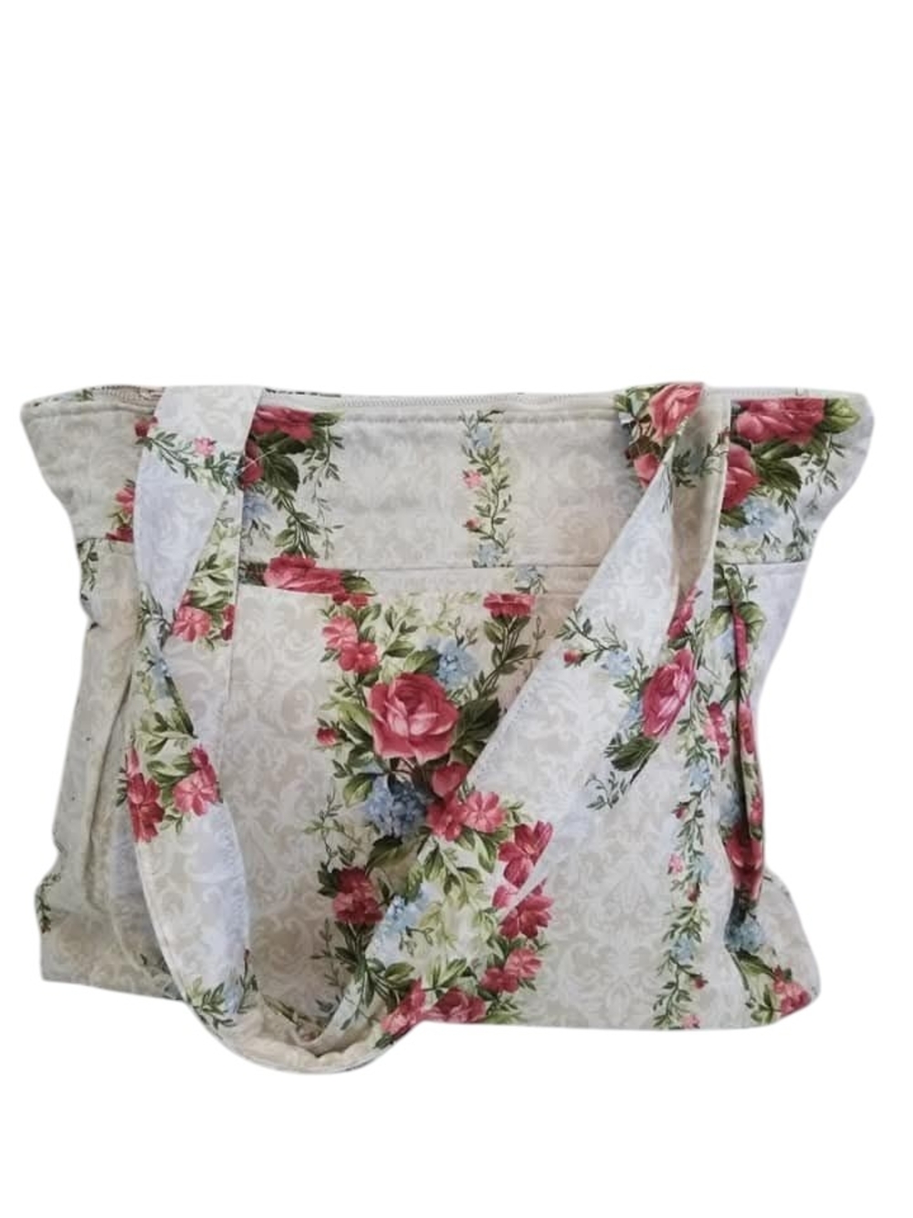 Floral Rose Print Canvas Tote Bag - Cream and Pink